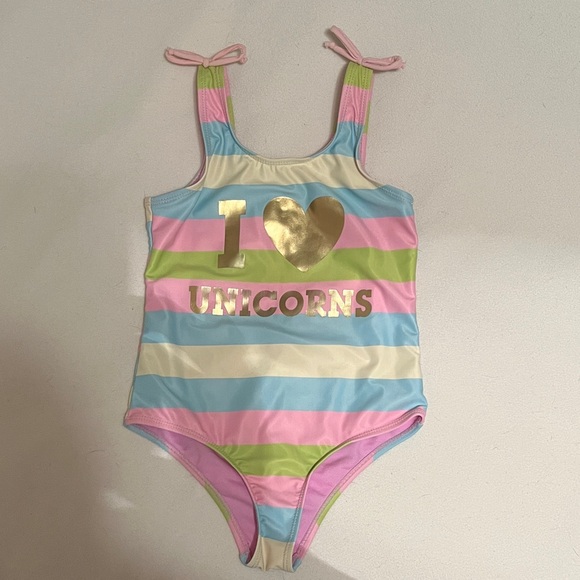 Sweet Pineapple Other - Girls Pastel Striped 'I ♥ Unicorns' One-Piece Swimsuit Size 6
